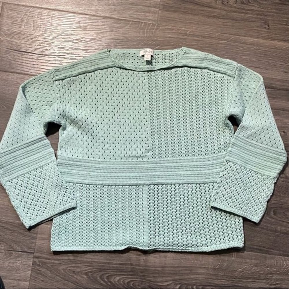 Style & Co Womens Patchwork Stitch Crocheted Sweater Mint Size Small
